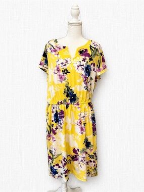 CJ Banks Yellow Floral Midi Dress with Purple & Blue Accents